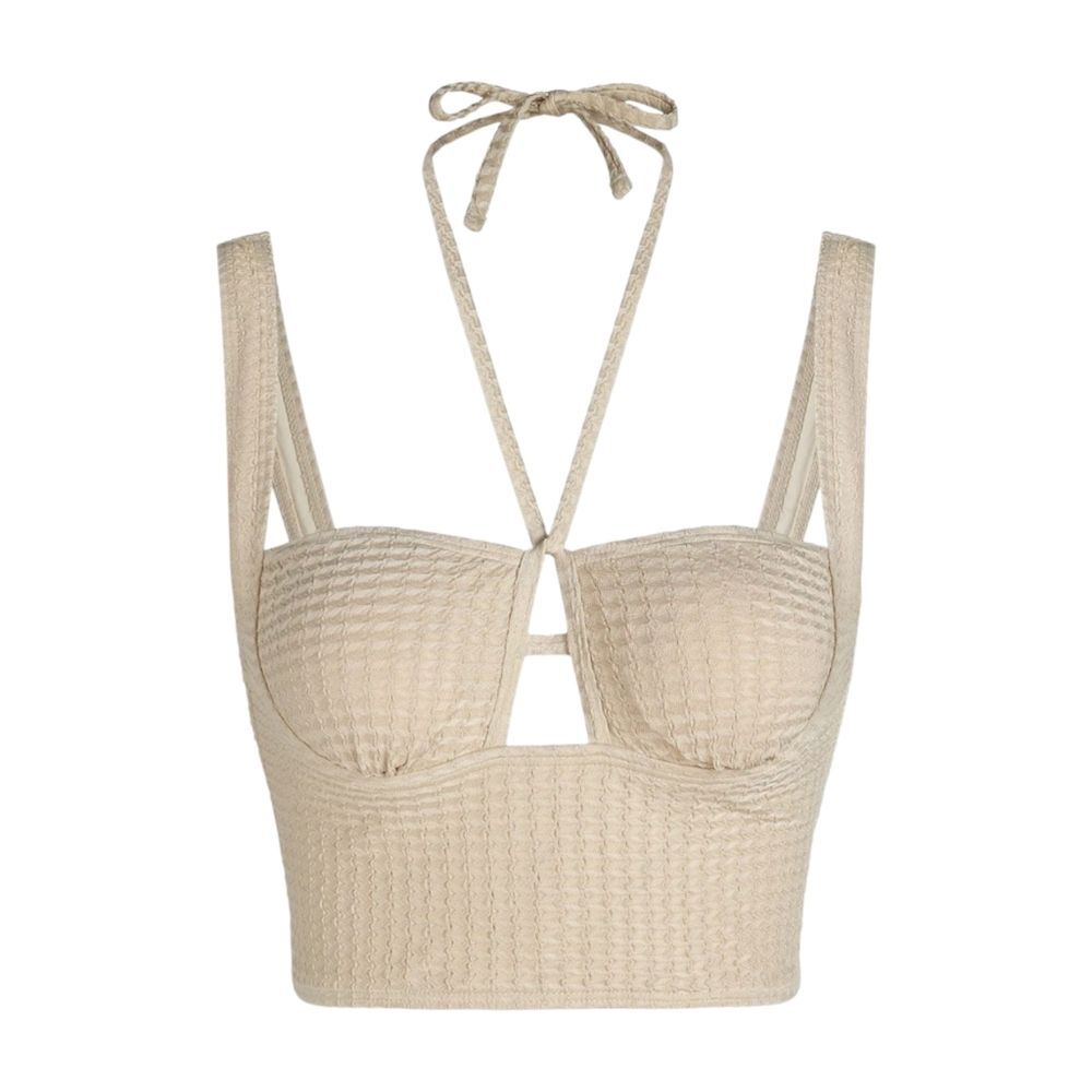 NWT ZAFUL Women's S Textured Cut Out Halter Square Neck Beige Tank Swim Top
